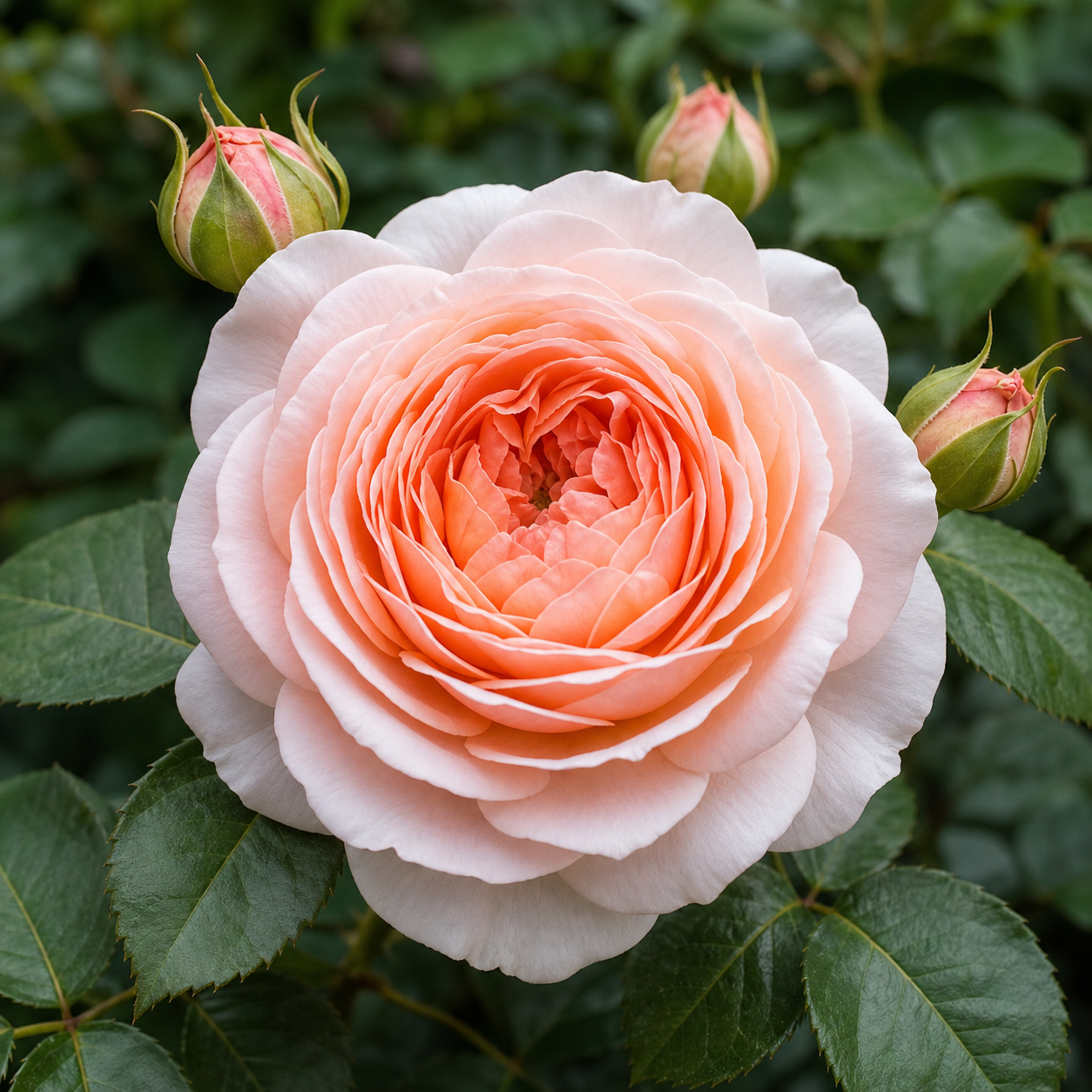 A peach-pink English rose in a garden