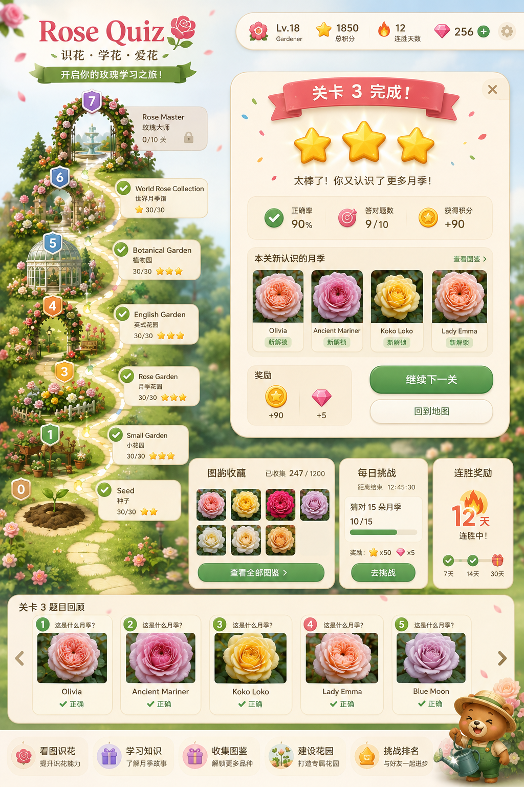 Illustrated Rose Quiz garden journey with a climbing path, collected roses, daily challenge, and rewards.